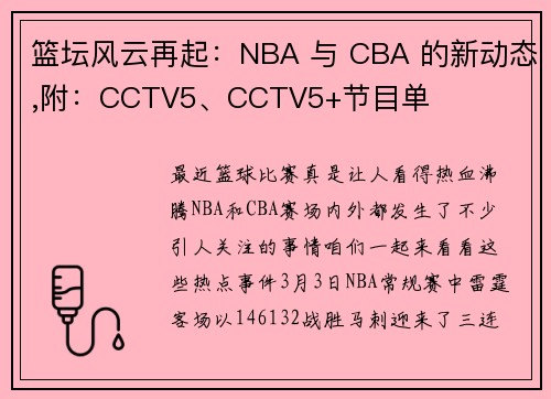 篮坛风云再起：NBA 与 CBA 的新动态,附：CCTV5、CCTV5+节目单