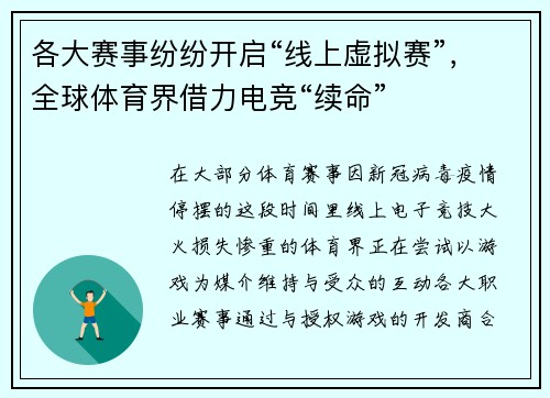 各大赛事纷纷开启“线上虚拟赛”，全球体育界借力电竞“续命”