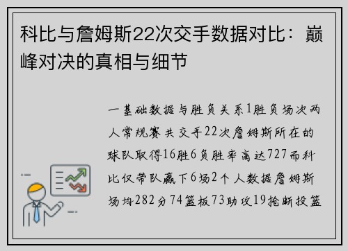 科比与詹姆斯22次交手数据对比：巅峰对决的真相与细节