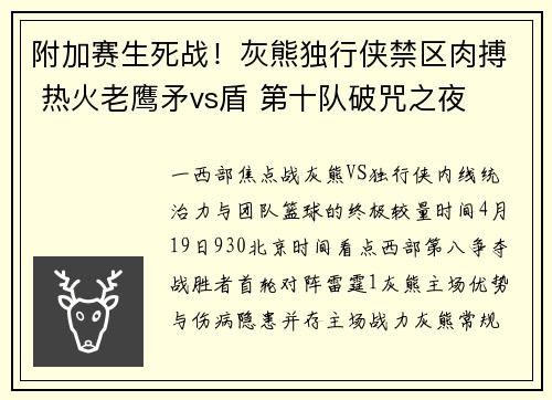 附加赛生死战！灰熊独行侠禁区肉搏 热火老鹰矛vs盾 第十队破咒之夜